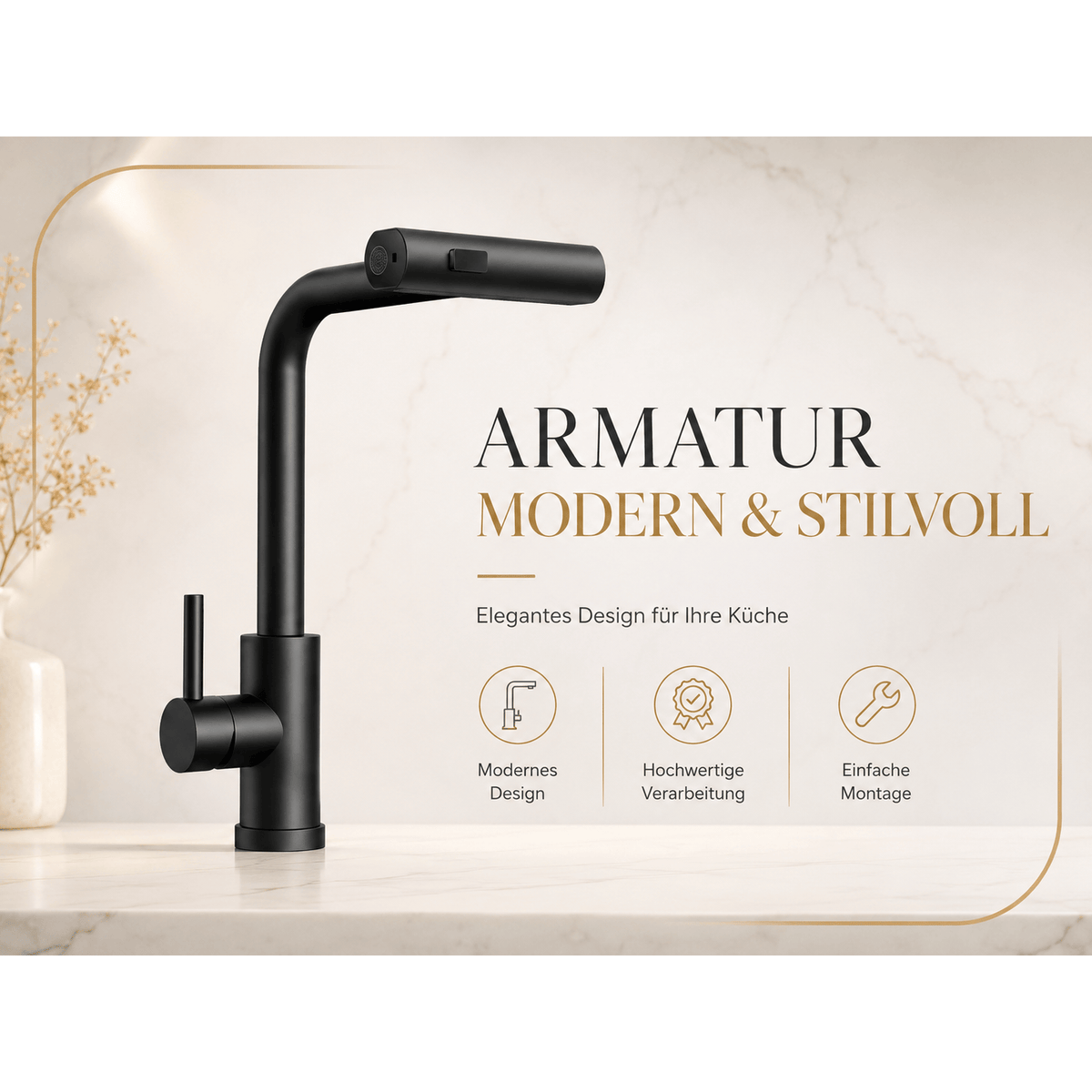Twist Küchenarmatur Schwarz – Ausziehbare Armatur mit 360° Drehung, Messingkörper & Einhebelmischer