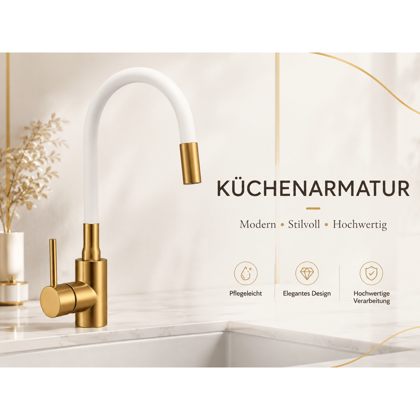 Flexibel Weiß-Gold Waschtischarmatur mit Wasserfall – Design-Armatur für Bad & Küche, drehbar, auslaufsicher
