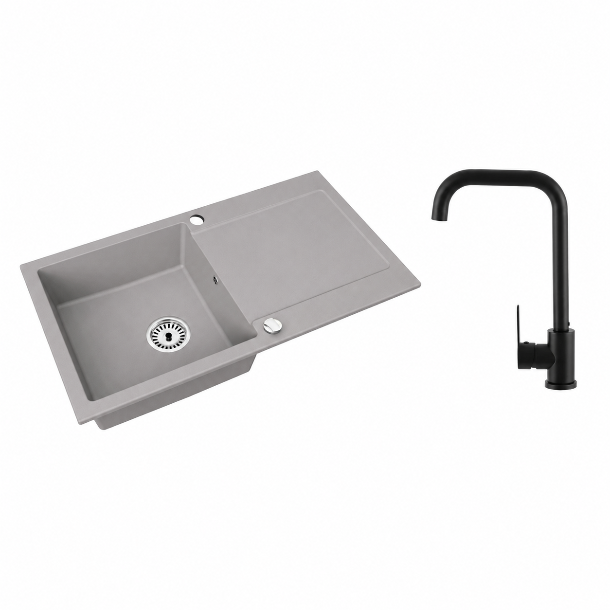 Granitspüle Element mit Abtropffläche – Einbauspüle beidseitig montierbar, inkl. Siphon Mit Armatur