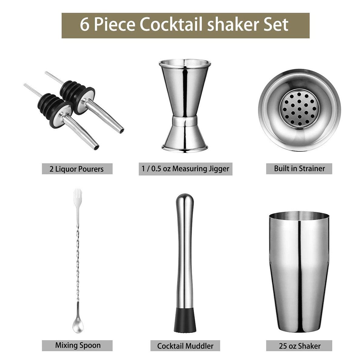Faizee Home Cocktail-Set Edelstahl 7-tlg. oder 11-tlg. mit Shaker & Barzubehör