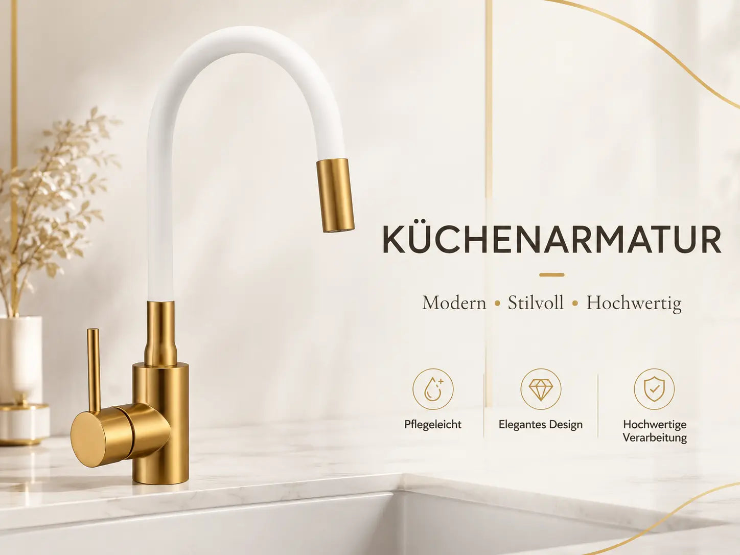 Flexibel Weiß-Gold Waschtischarmatur mit Wasserfall – Design-Armatur für Bad & Küche, drehbar, auslaufsicher
