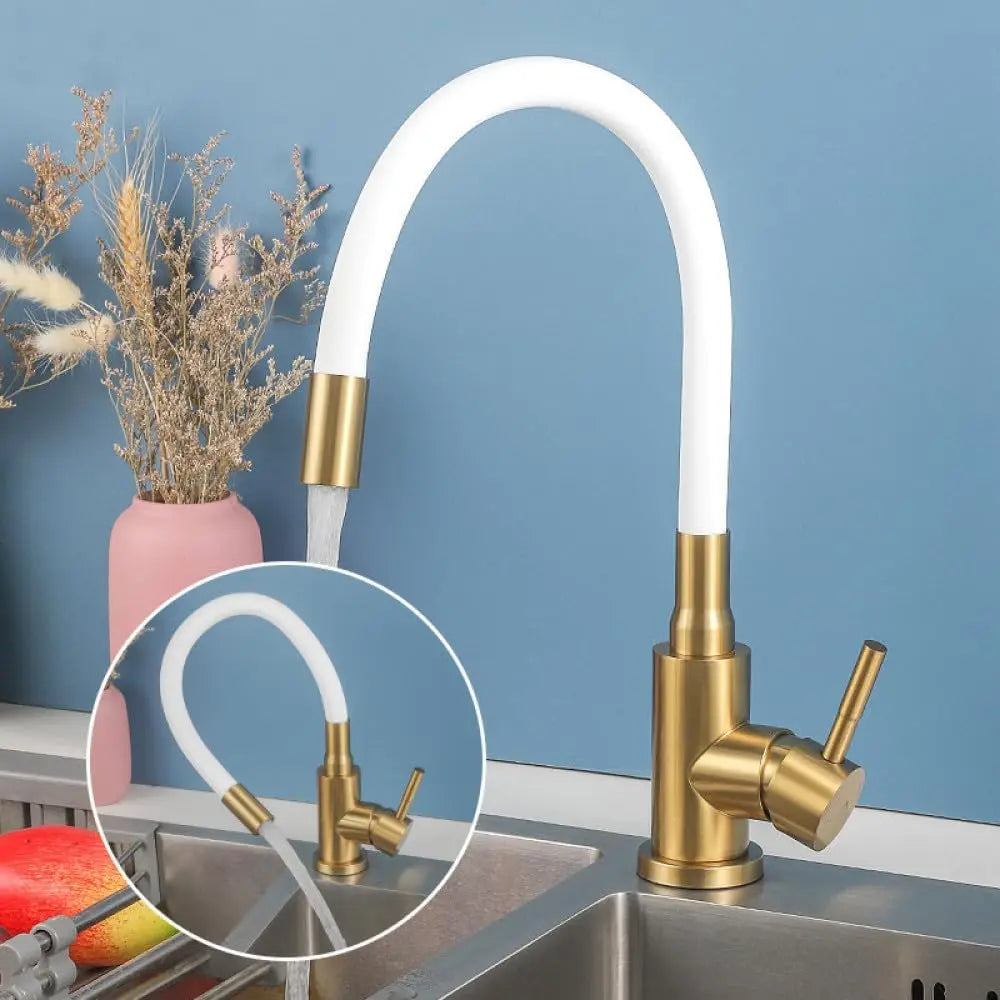 Flexibel Weiß-Gold Waschtischarmatur mit Wasserfall – Design-Armatur für Bad & Küche, drehbar, auslaufsicher
