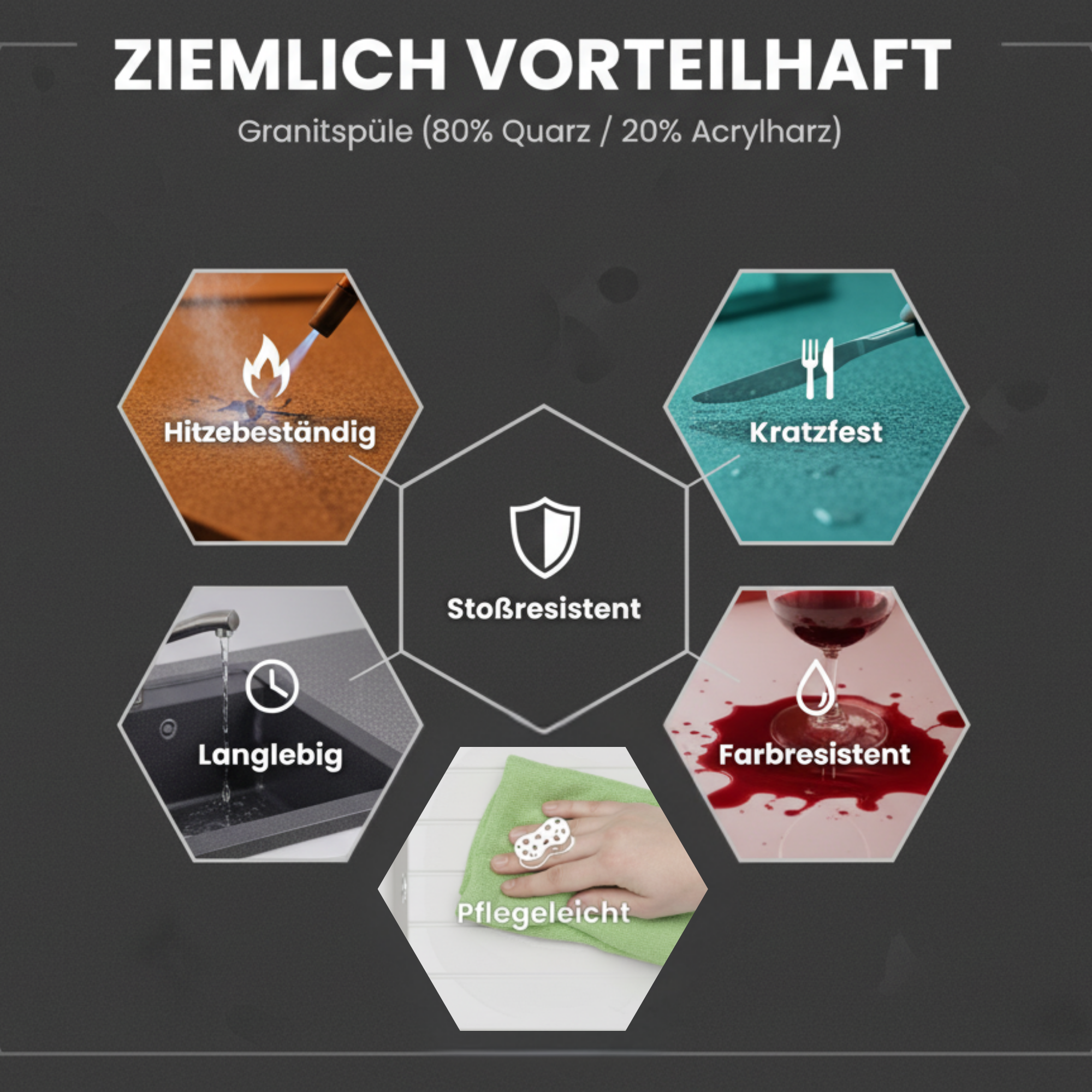 Granitspüle 75x43,5 cm mit Abtropffläche – Alisha Einbauspüle beidseitig montierbar, inkl. Siphon