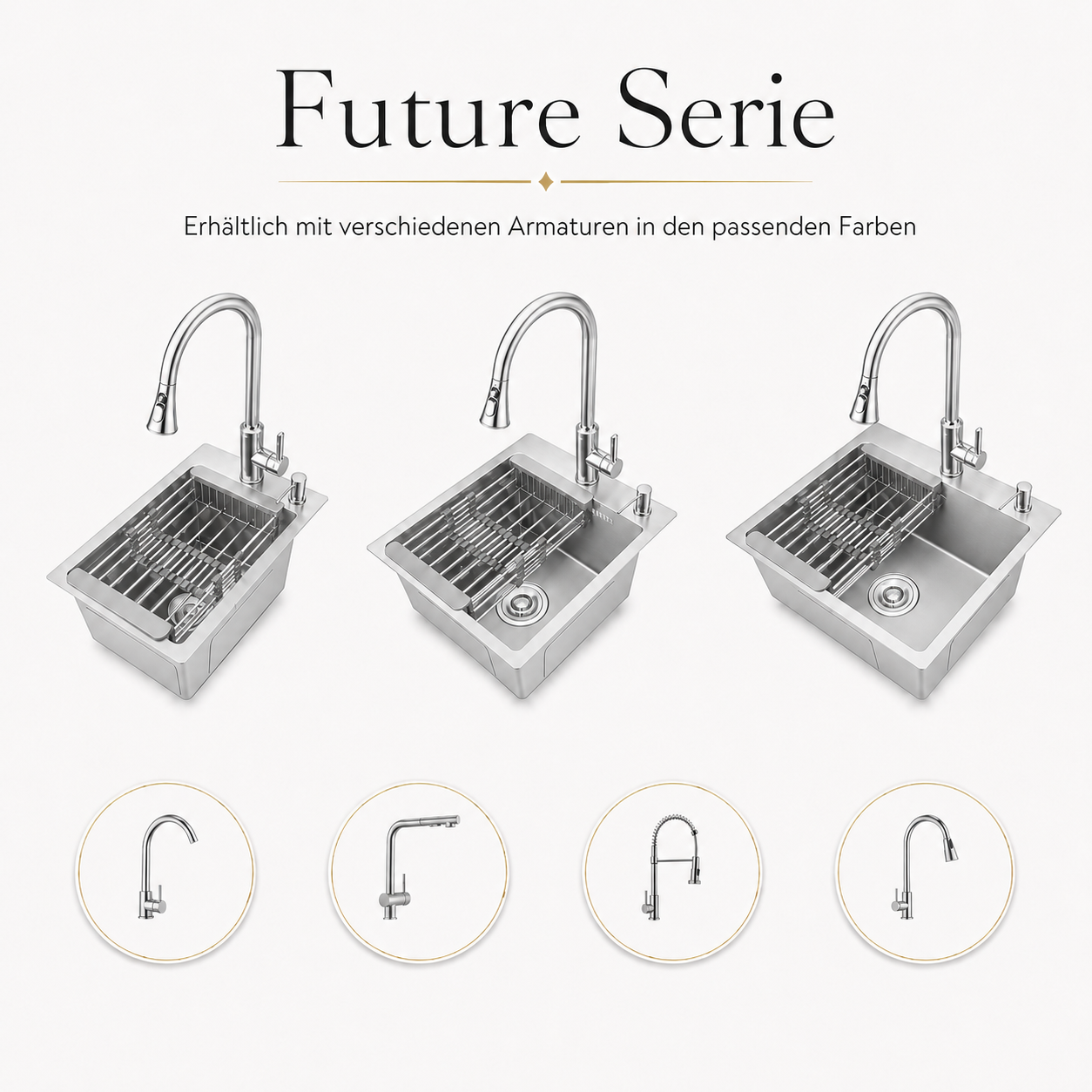 Faizee Home Future Serie Edelstahlspüle Silber mit Spülkorb, Seifenspender & Armaturenauswahl