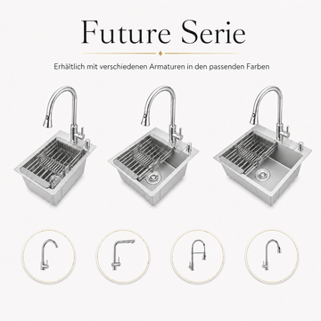Faizee Home Future Serie Edelstahlspüle Silber mit Spülkorb, Seifenspender & Armaturenauswahl