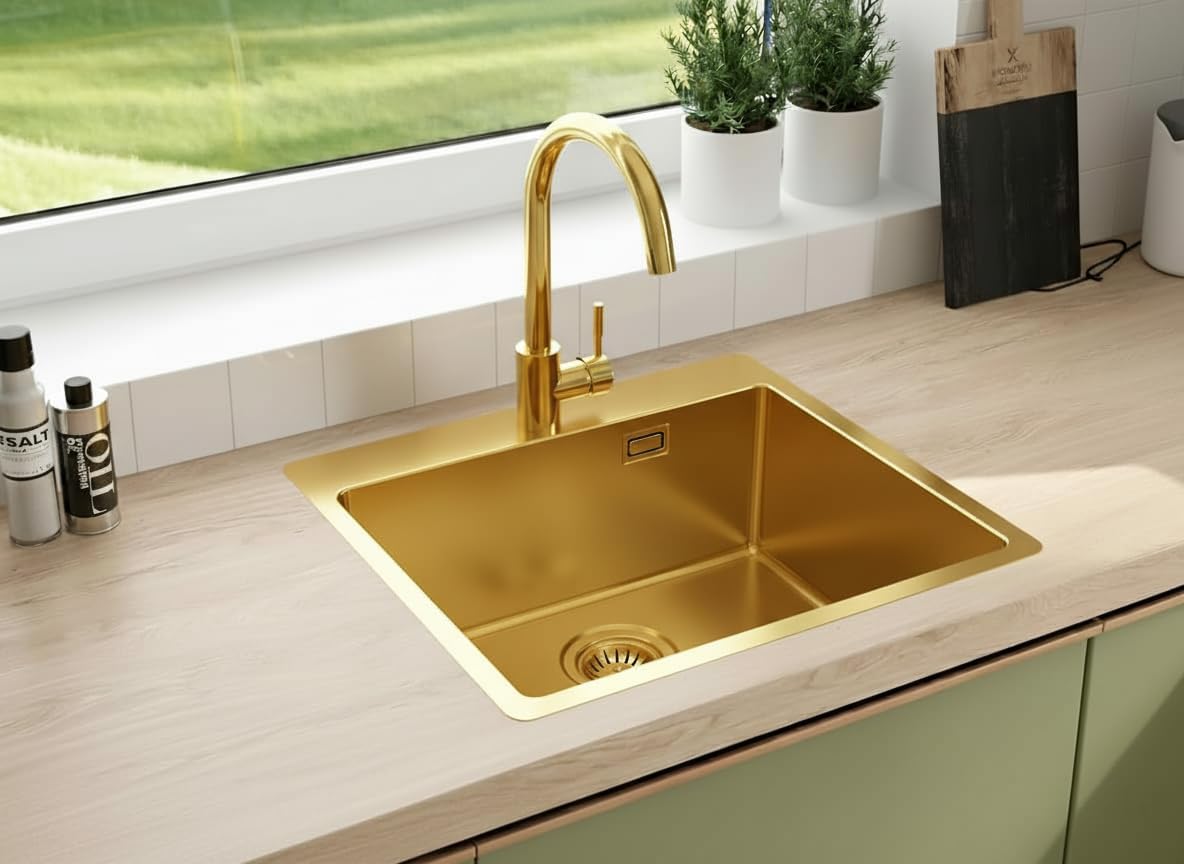 Faizee Home Steelcore Edelstahl-Einbauspüle 50,5 × 50 cm – 17 cm Tief – Reversibel mit Siphon & Geschirrspüleranschluss