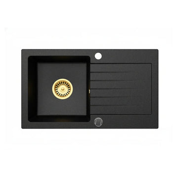 Granitspüle Alisha 75×43,5 cm – Reversible Einbauspüle mit Abtropffläche | Inkl. Siphon-Set Gold | Ohne Armatur