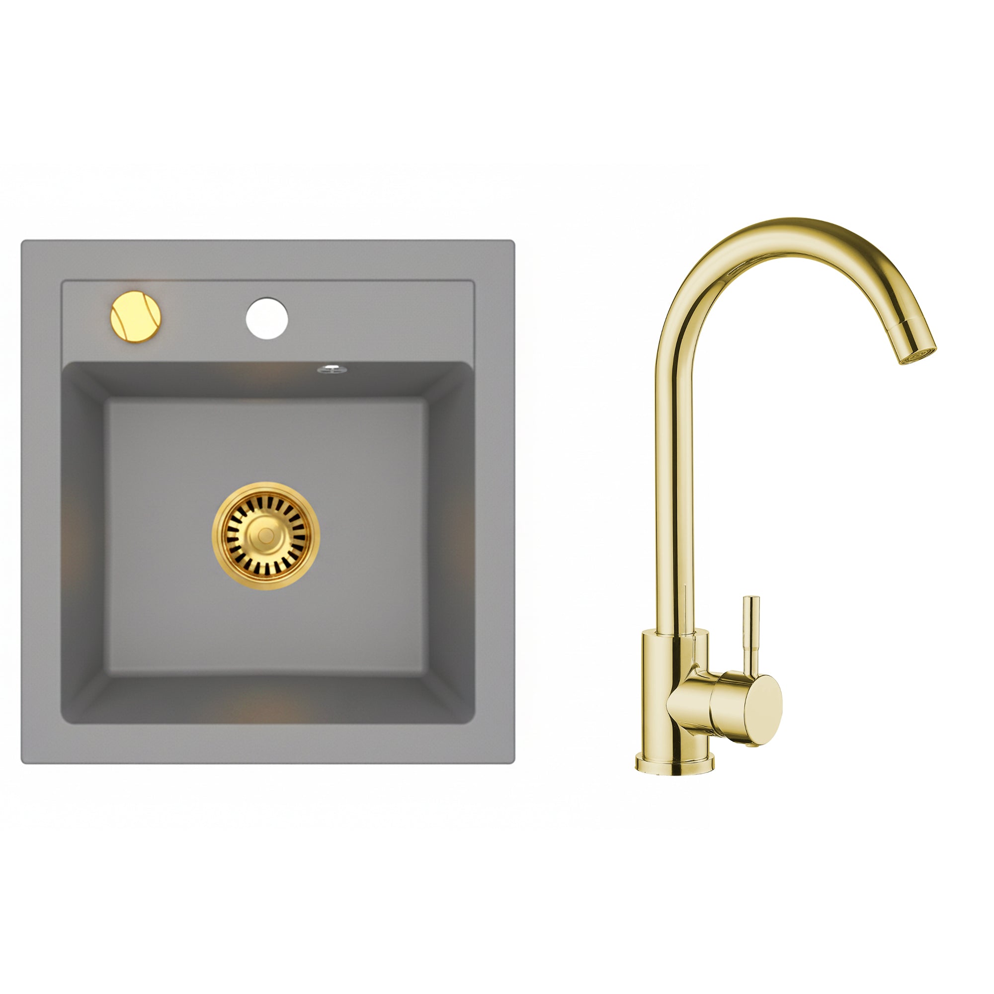 Faizee Home Granitspüle Milano 52 × 49 cm – inkl. goldenem Siphon & wählbarer Armatur Genial Gold oder Spiral Gold
