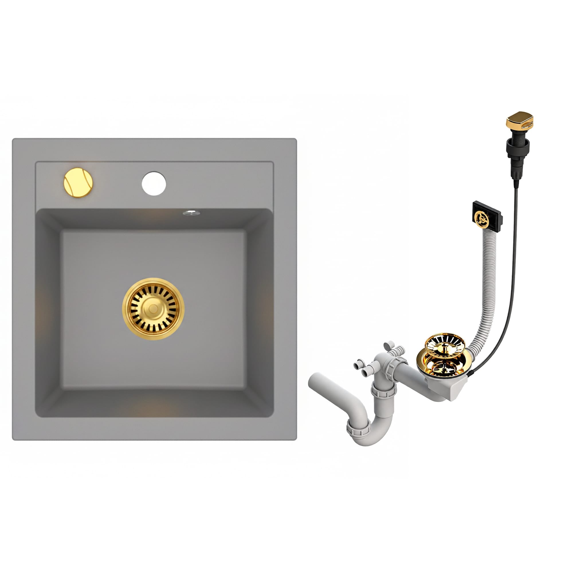 Faizee Home Granitspüle Milano 52 × 49 cm – inkl. goldenem Siphon & wählbarer Armatur Genial Gold oder Spiral Gold