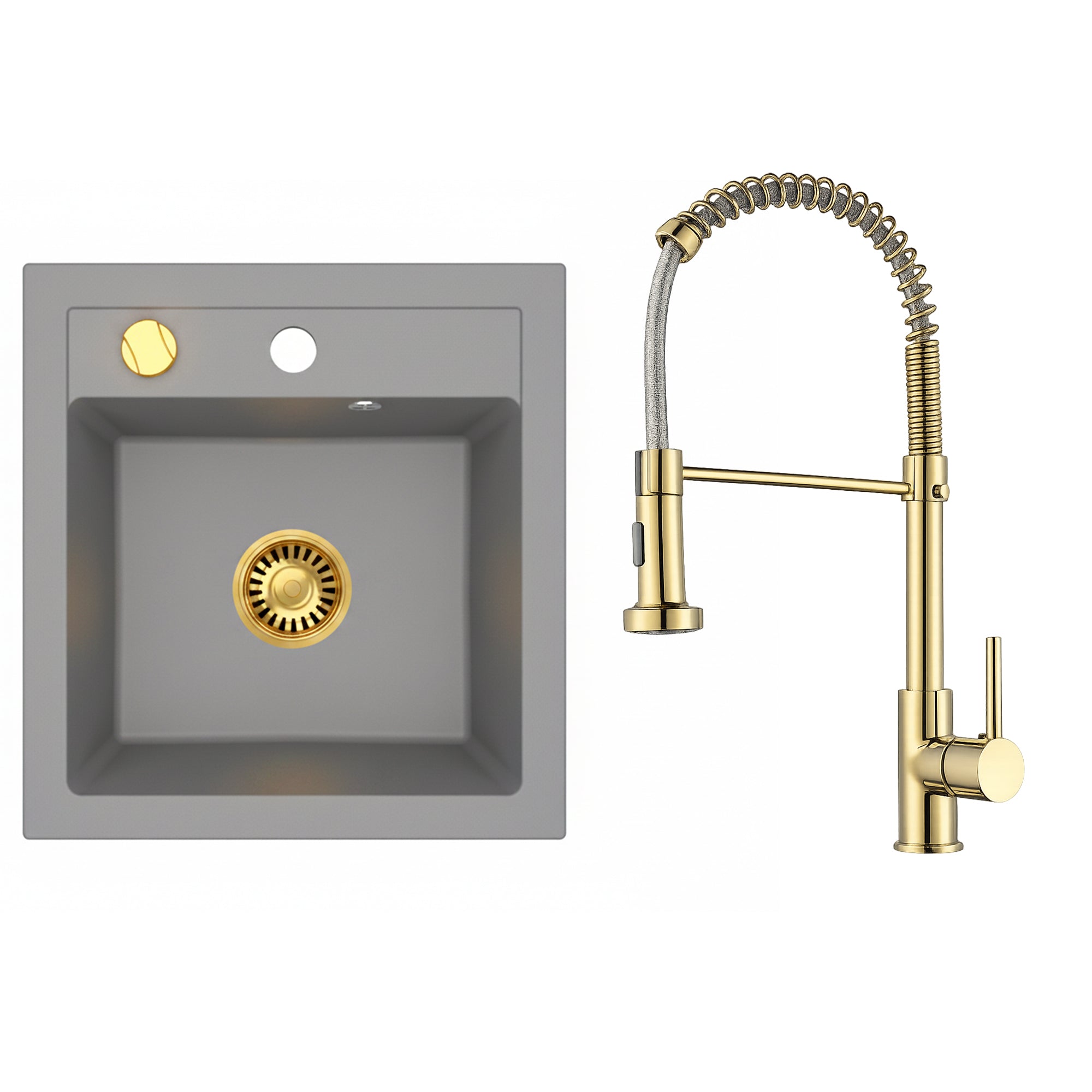 Faizee Home Granitspüle Milano 52 × 49 cm – inkl. goldenem Siphon & wählbarer Armatur Genial Gold oder Spiral Gold