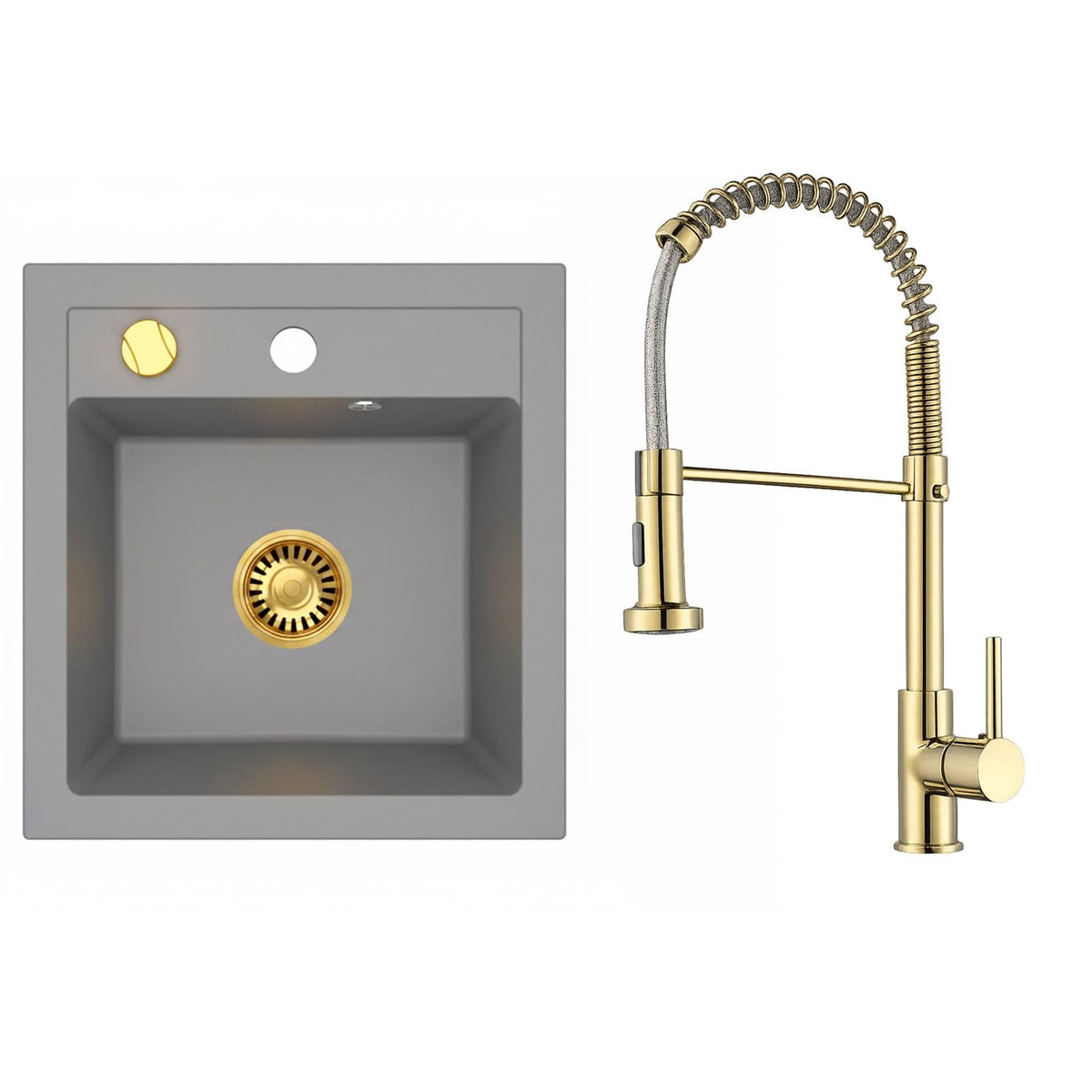 Faizee Home Granitspüle Milano 52 × 49 cm – inkl. goldenem Siphon & wählbarer Armatur Genial Gold oder Spiral Gold