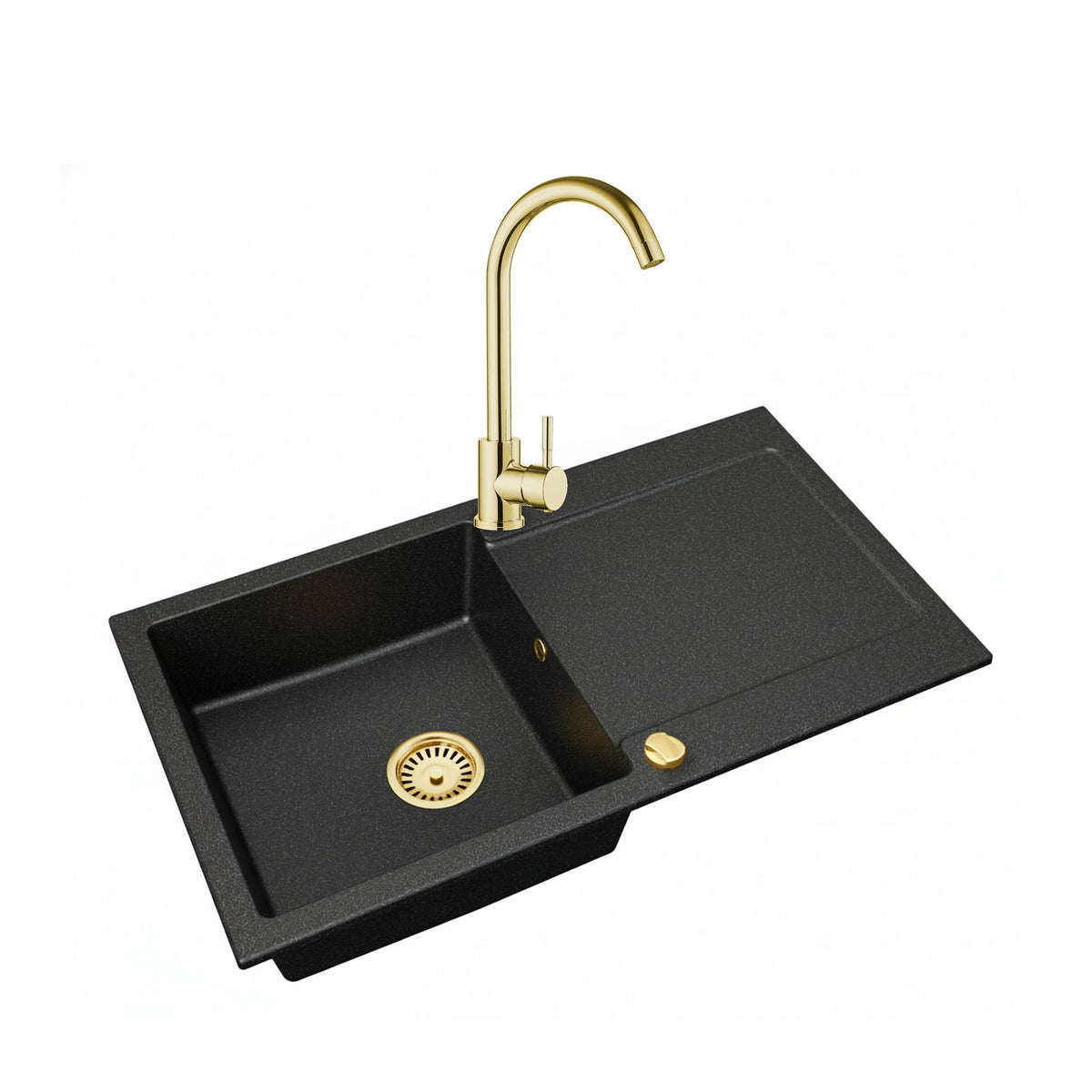Faizee Home Granitspüle Element 90x50 cm Komplettset mit Gold Armatur & Siphon – wählbar Genial oder Spiral