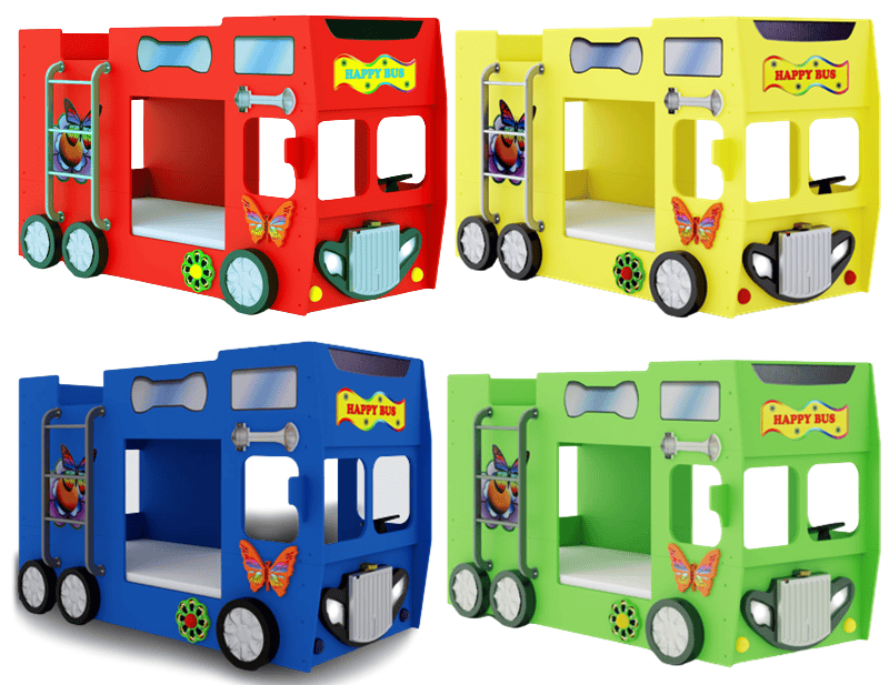 Happy Bus Kinderbett 90x190 cm – Kinderbett aus MDF in Blau, Grün, Rot oder Gelb