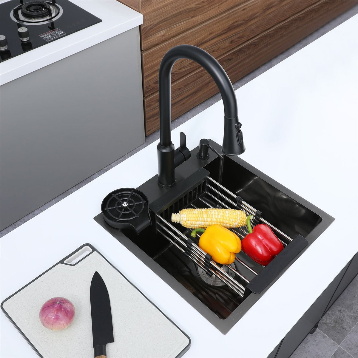 Faizee Home Future Serie Edelstahlspüle Schwarz mit Spülkorb, Seifenspender & Armaturenauswahl