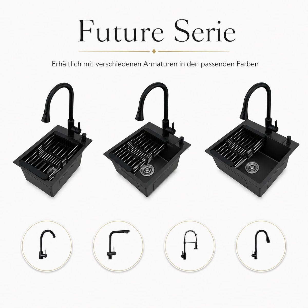 Faizee Home Future Serie Edelstahlspüle Schwarz mit Spülkorb, Seifenspender & Armaturenauswahl