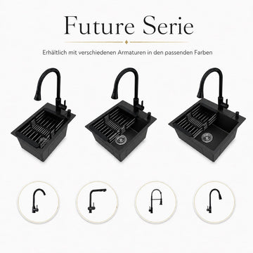 Faizee Home Future Serie Edelstahlspüle Schwarz mit Spülkorb, Seifenspender & Armaturenauswahl