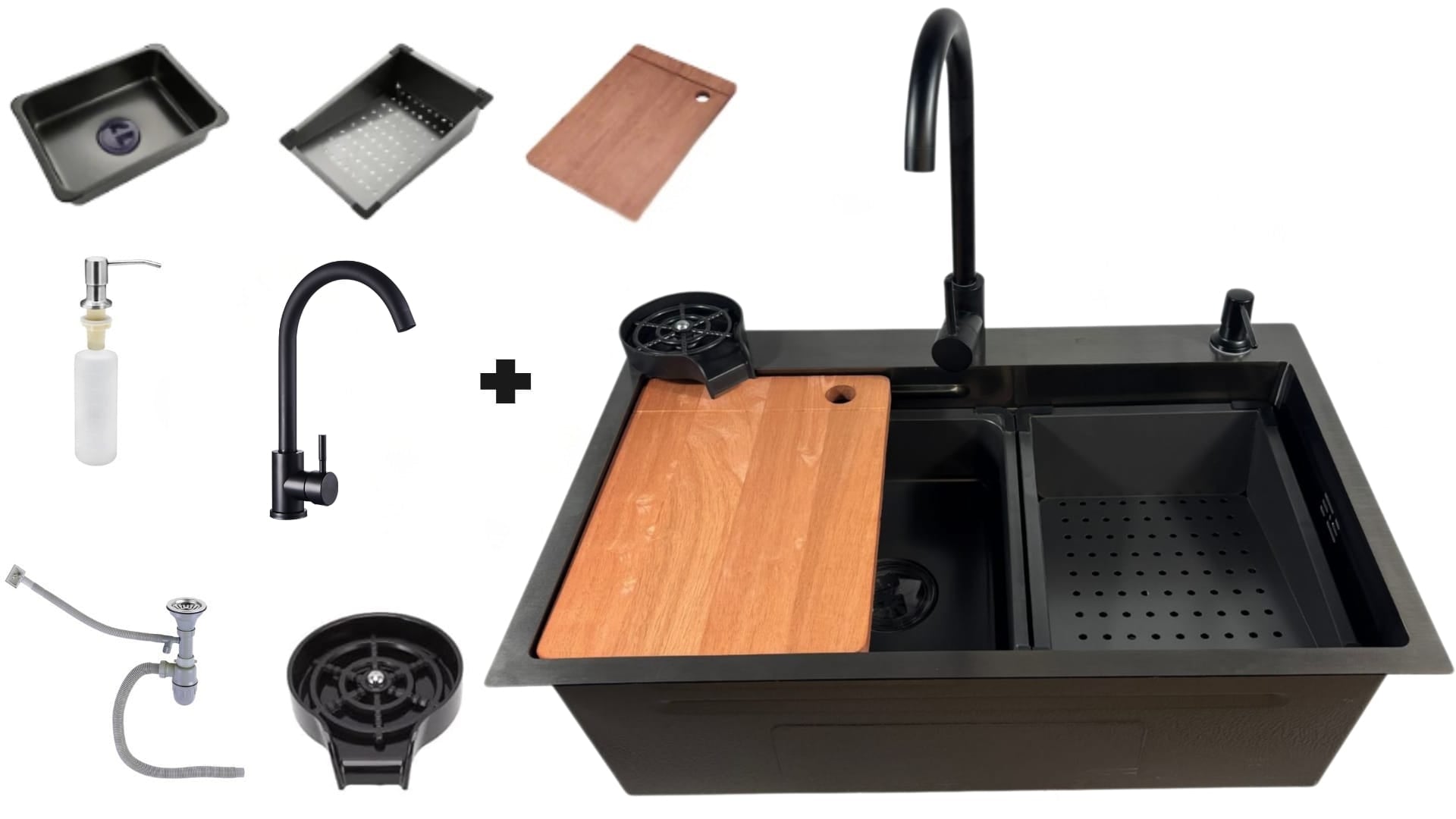 Faizee Home Quantum Edelstahlspüle 75 × 45 × 23 cm – Workstation mit Armatur, Glasreiniger & Zubehör – Graphit oder Silber