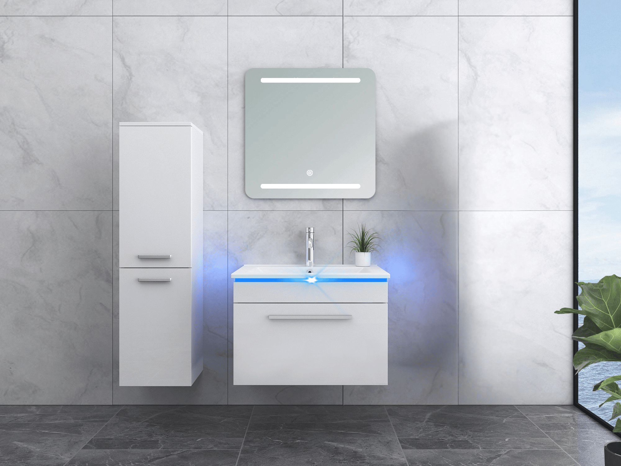 Faizee Home Badmöbelset 60 cm Hochglanz inkl. Keramik-Waschbecken, LED-Spiegel & Soft-Close
