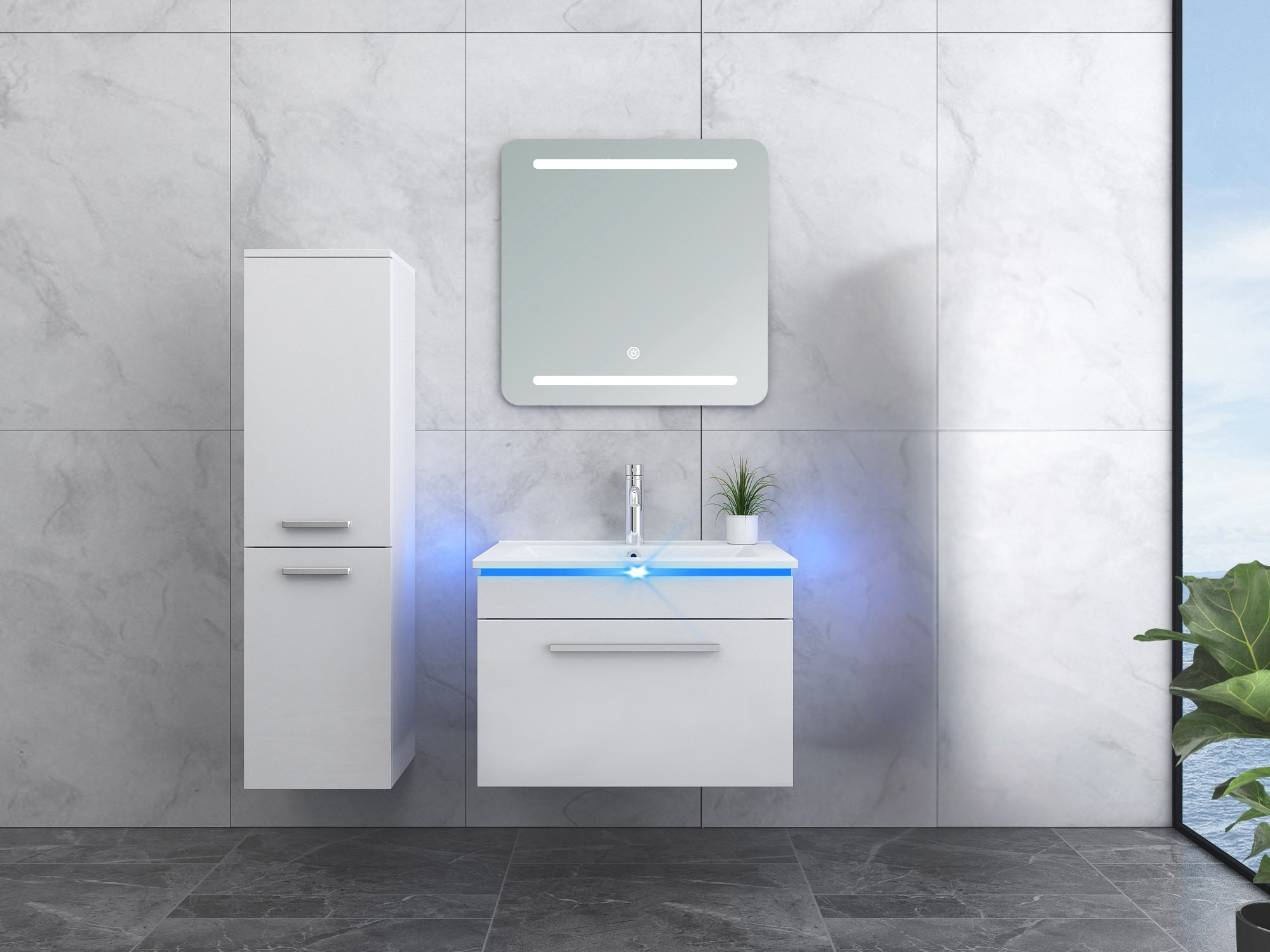 Faizee Home Badmöbelset 60 cm Hochglanz inkl. Keramik-Waschbecken, LED-Spiegel & Soft-Close
