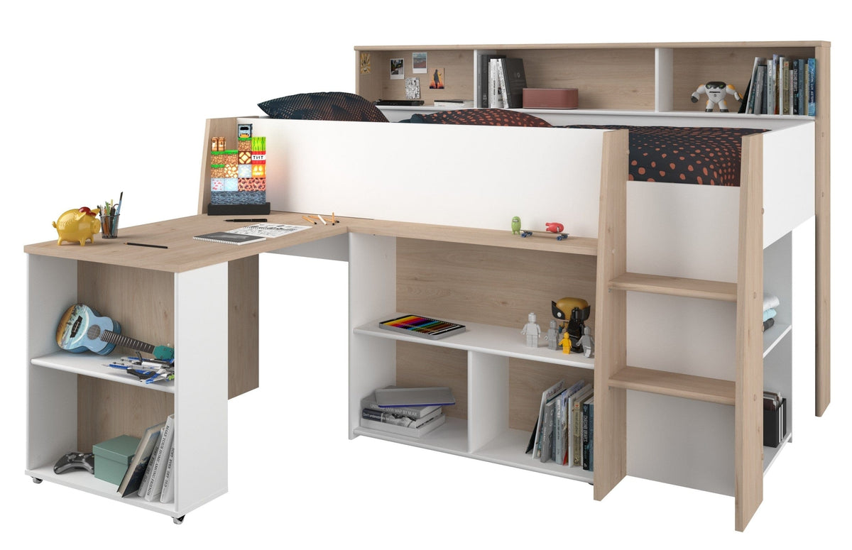 Parisot Lucas Hochbett 90x200 cm mit Schreibtisch & Leiter, Eiche/Weiß