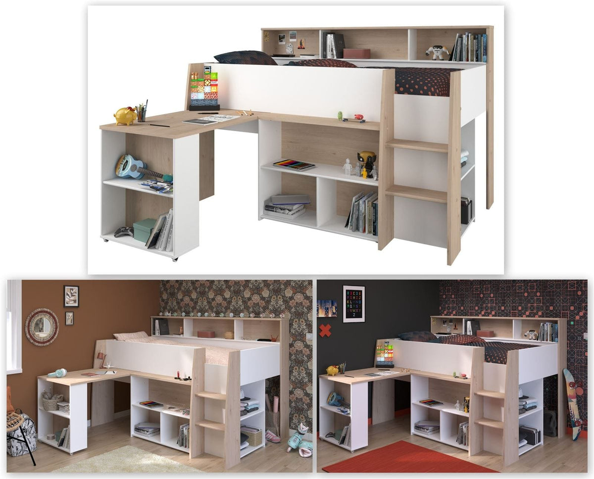 Parisot Lucas Hochbett 90x200 cm mit Schreibtisch & Leiter, Eiche/Weiß