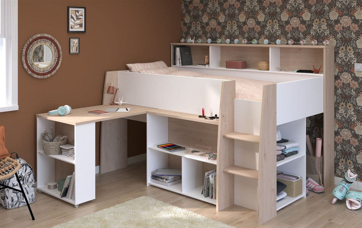 Parisot Lucas Hochbett 90x200 cm mit Schreibtisch & Leiter, Eiche/Weiß
