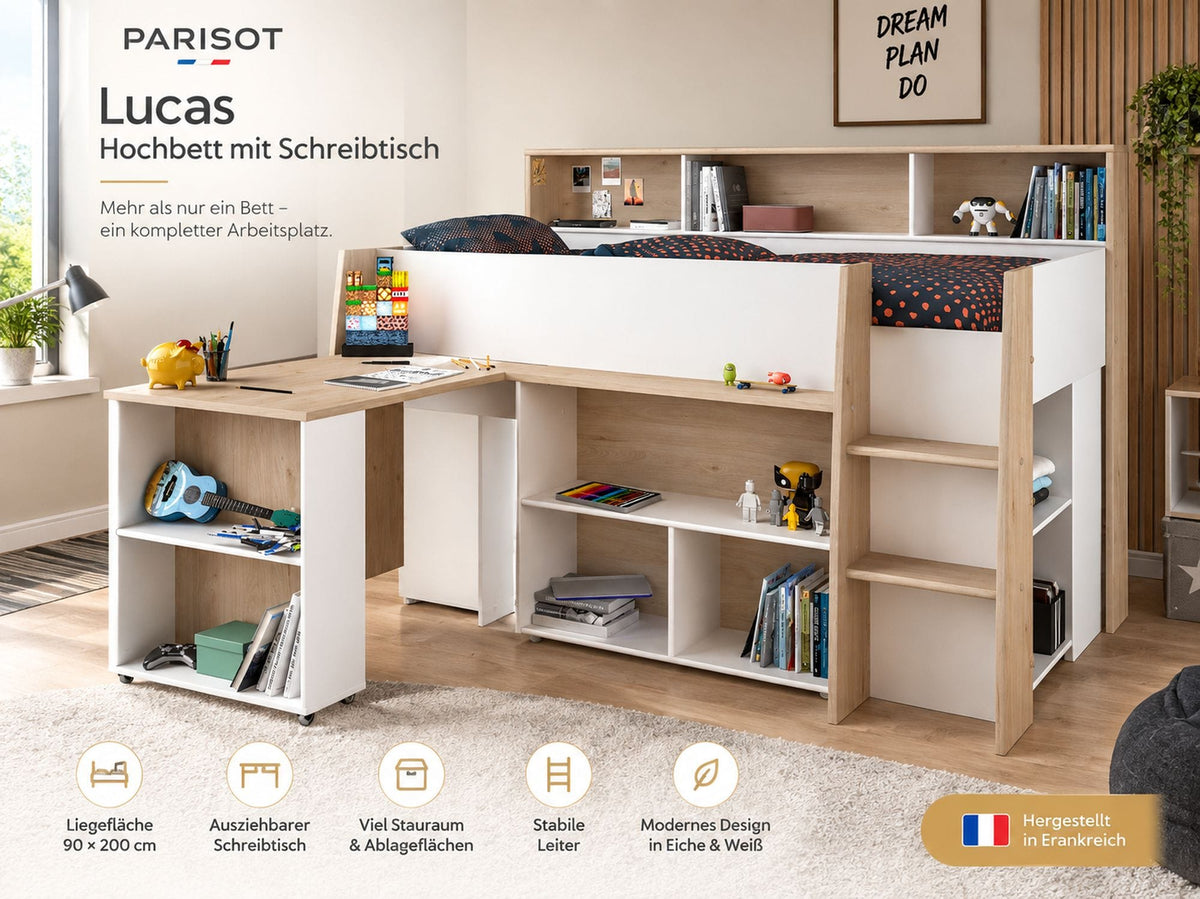 Parisot Lucas Hochbett 90x200 cm mit Schreibtisch & Leiter, Eiche/Weiß