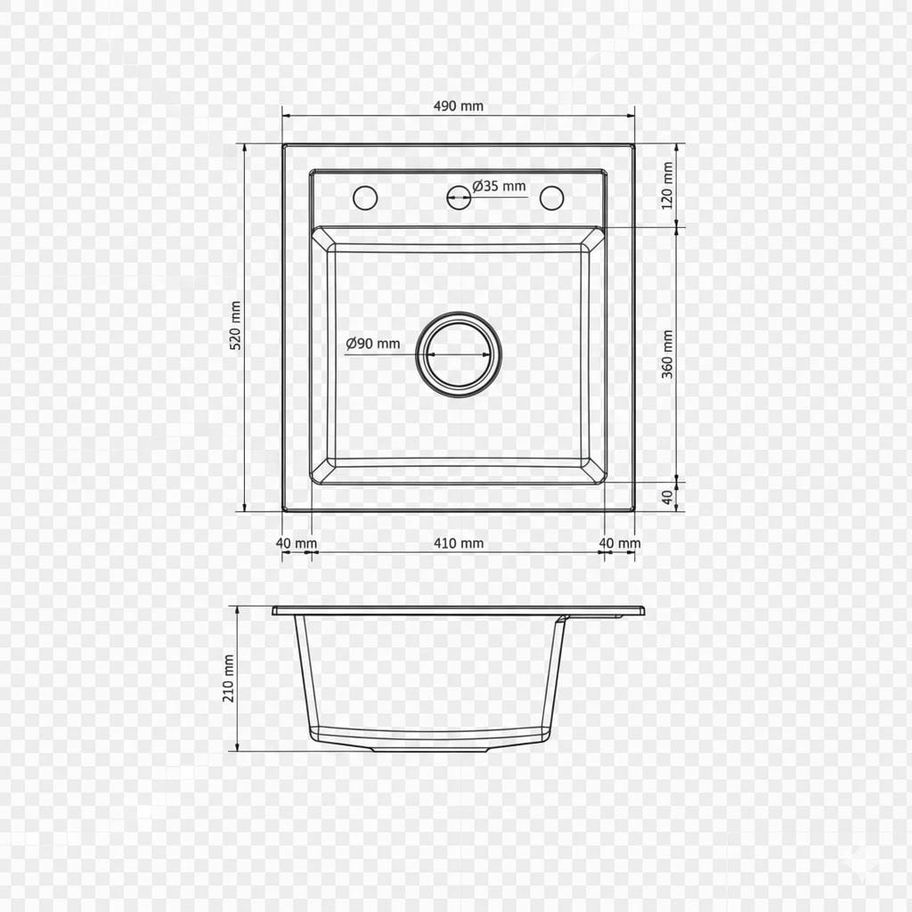 Faizee Home Granitspüle Milano 52 × 49 cm – eckige Einbauspüle inkl. Siphon & Drehexzenter