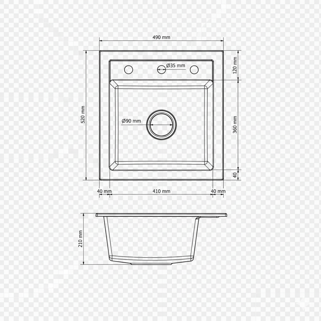 Faizee Home Granitspüle Milano 52 × 49 cm – eckige Einbauspüle inkl. Siphon & Drehexzenter