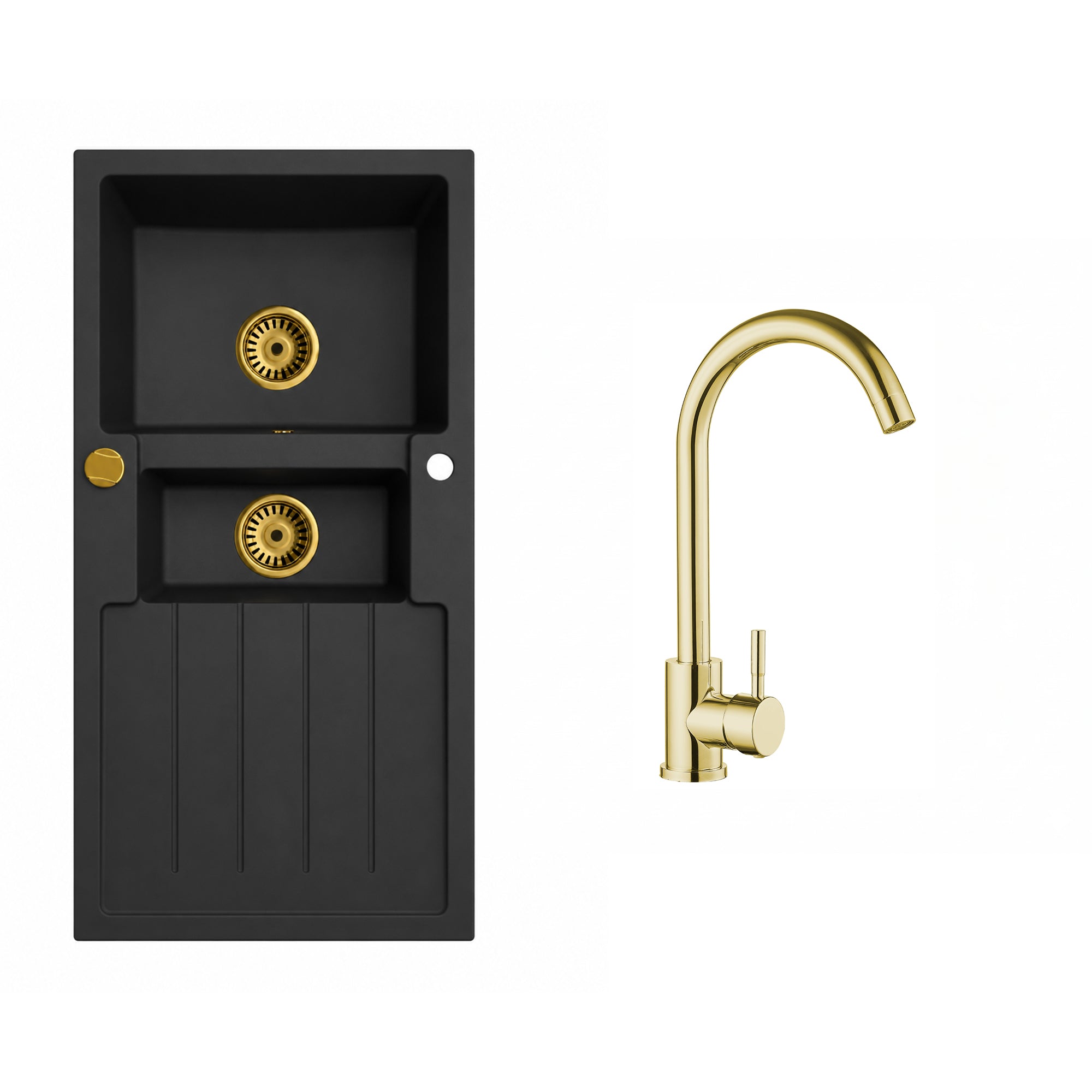 Faizee Home Granitspüle Napoli 100 × 50 cm – Gold-Siphon & Armatur wählbar