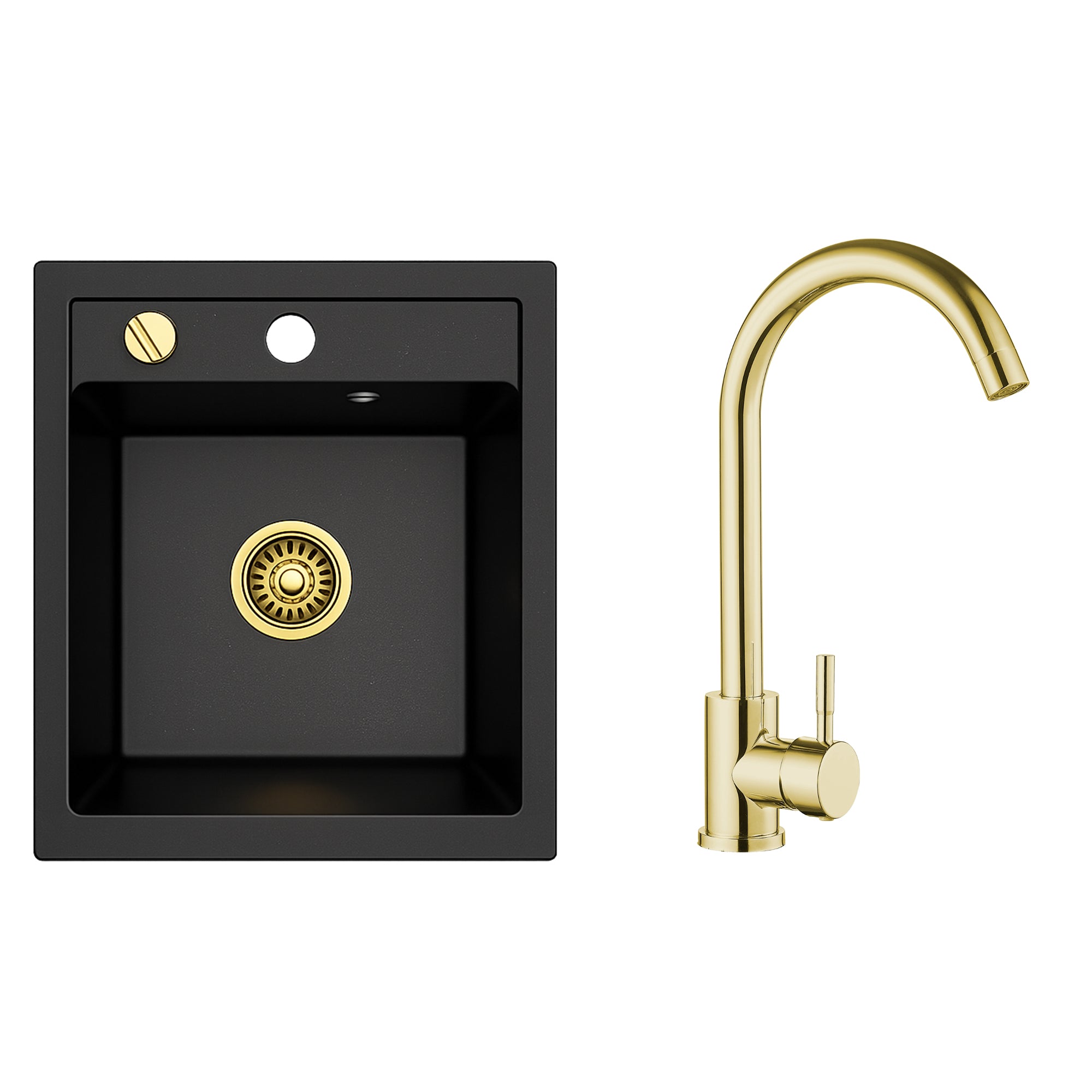 Faizee Home Granitspüle Milano 52 × 49 cm – inkl. goldenem Siphon & wählbarer Armatur Genial Gold oder Spiral Gold
