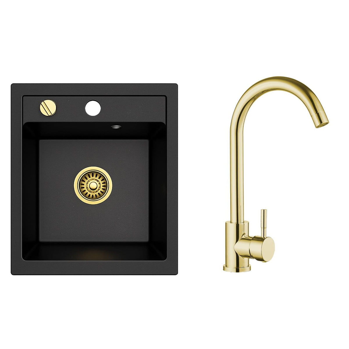 Faizee Home Granitspüle Milano 52 × 49 cm – inkl. goldenem Siphon & wählbarer Armatur Genial Gold oder Spiral Gold