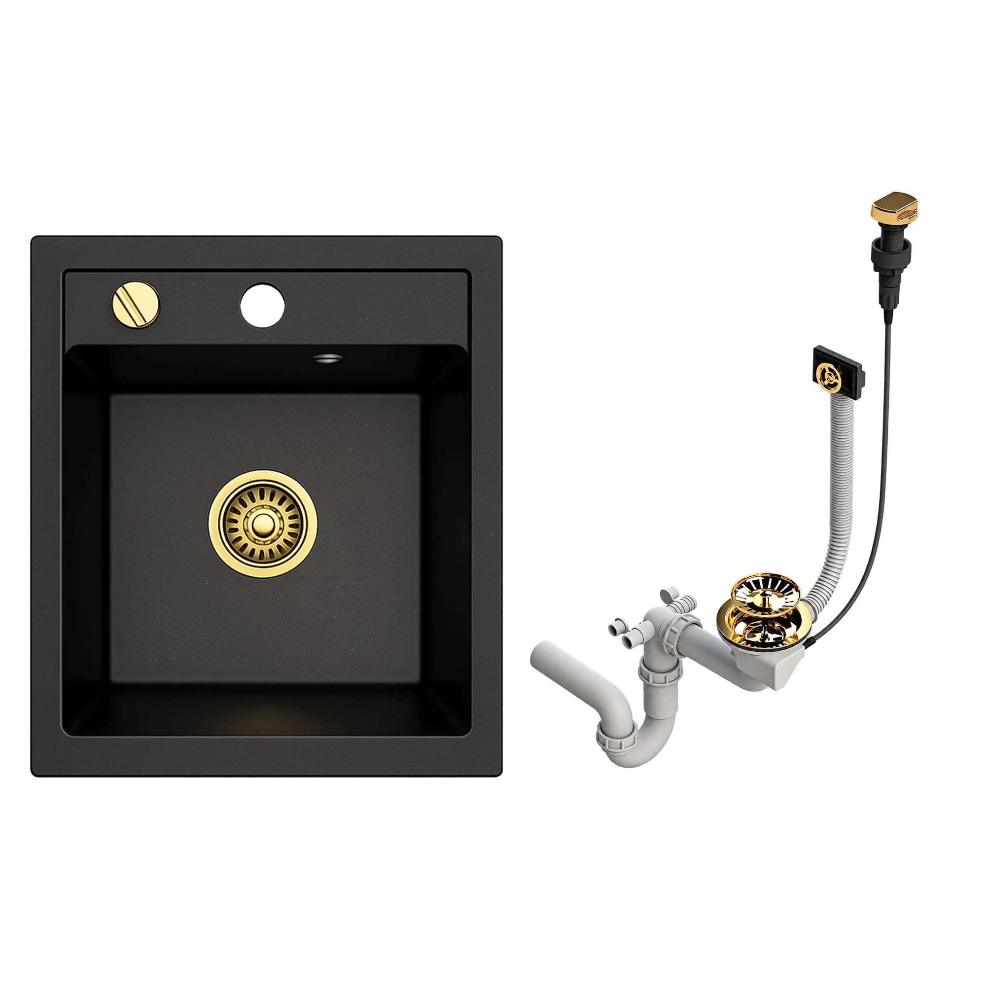 Faizee Home Granitspüle Milano 52 × 49 cm – inkl. goldenem Siphon & wählbarer Armatur Genial Gold oder Spiral Gold