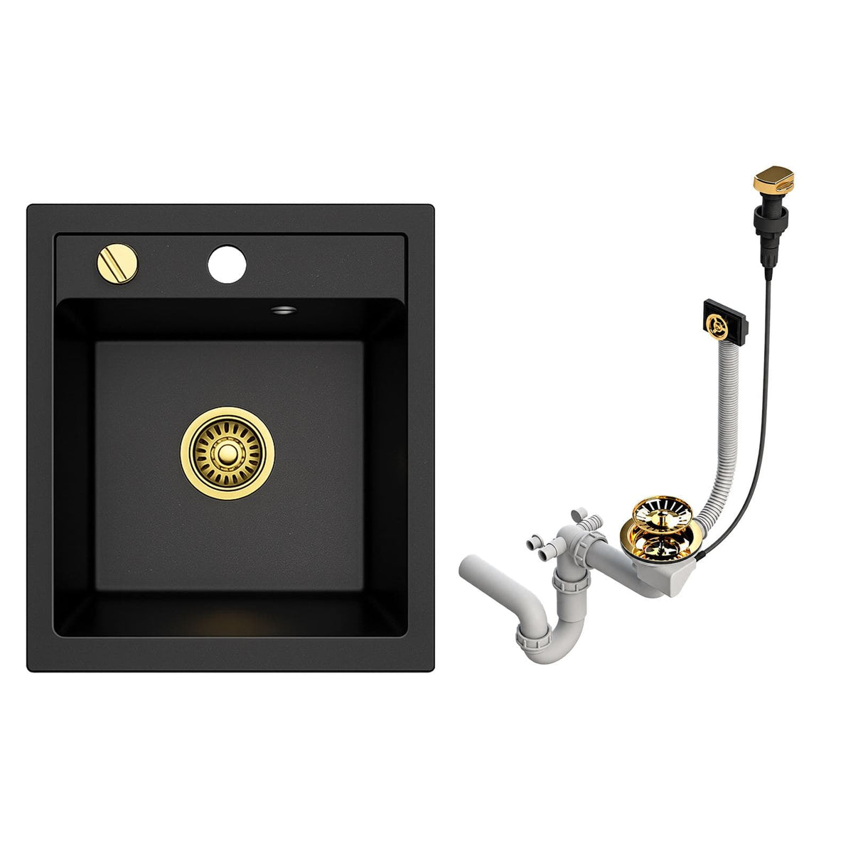 Faizee Home Granitspüle Milano 52 × 49 cm – inkl. goldenem Siphon & wählbarer Armatur Genial Gold oder Spiral Gold