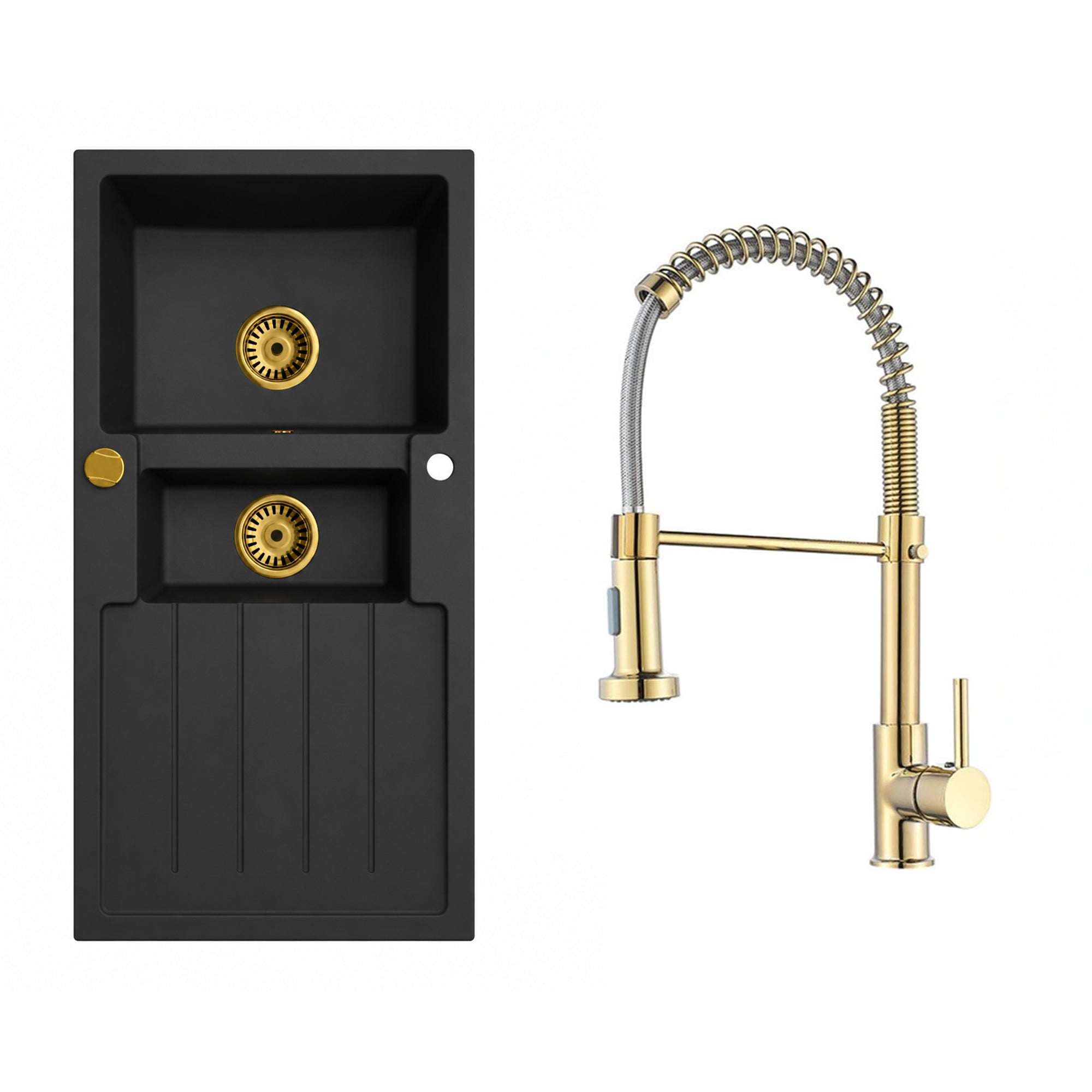 Faizee Home Granitspüle Napoli 100 × 50 cm – Gold-Siphon & Armatur wählbar