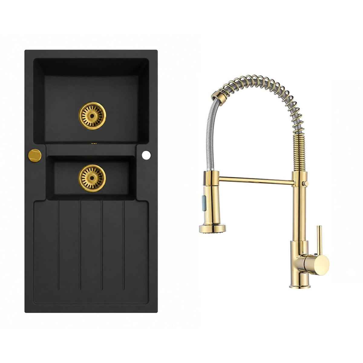 Faizee Home Granitspüle Napoli 100 × 50 cm – Gold-Siphon & Armatur wählbar