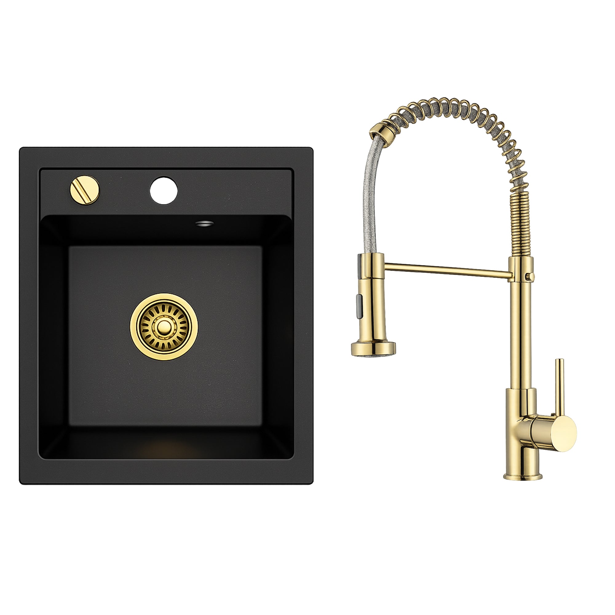 Faizee Home Granitspüle Milano 52 × 49 cm – inkl. goldenem Siphon & wählbarer Armatur Genial Gold oder Spiral Gold