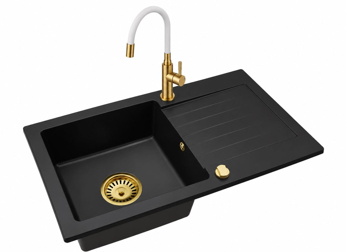 Granitspüle Alisha 75 x 43,5 cm mit Armaturenauswahl Gold – inkl. Siphon-Set