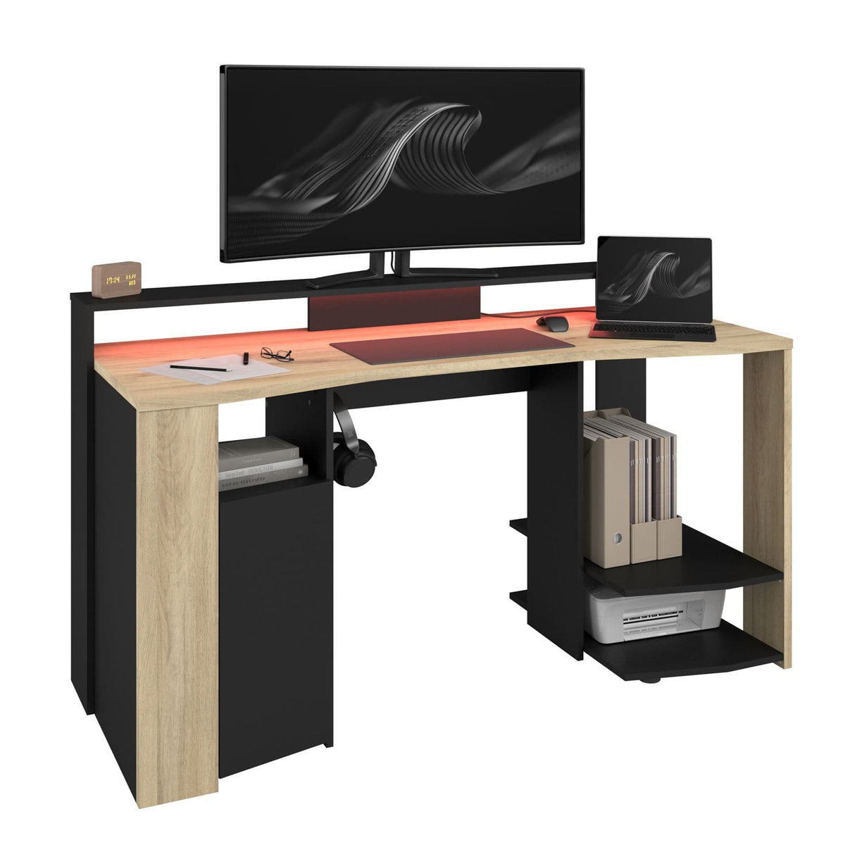 Parisot Meta 1 Gaming Schreibtisch Schwarz Eiche | Gaming Desk mit LED-Beleuchtung, Ablagen & modernem Design