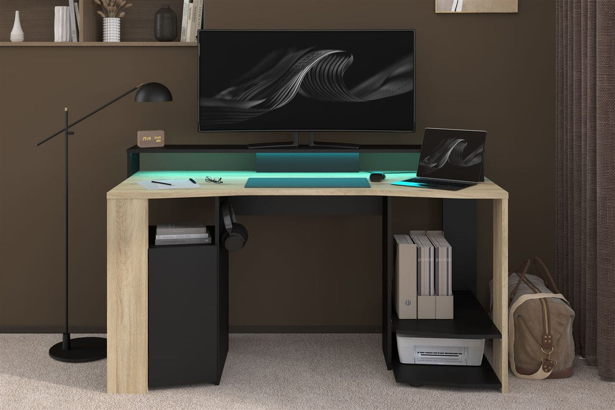 Parisot Meta 1 Gaming Schreibtisch Schwarz Eiche | Gaming Desk mit LED-Beleuchtung, Ablagen & modernem Design