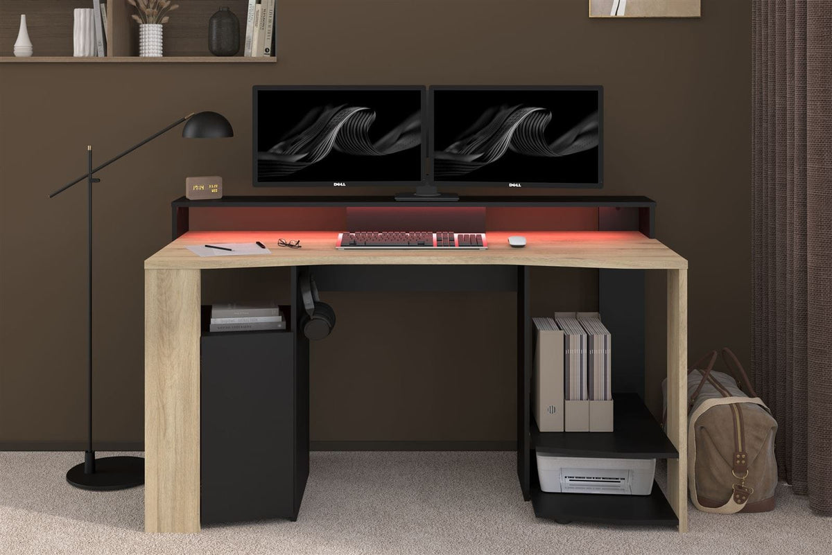 Parisot Meta 1 Gaming Schreibtisch Schwarz Eiche | Gaming Desk mit LED-Beleuchtung, Ablagen & modernem Design