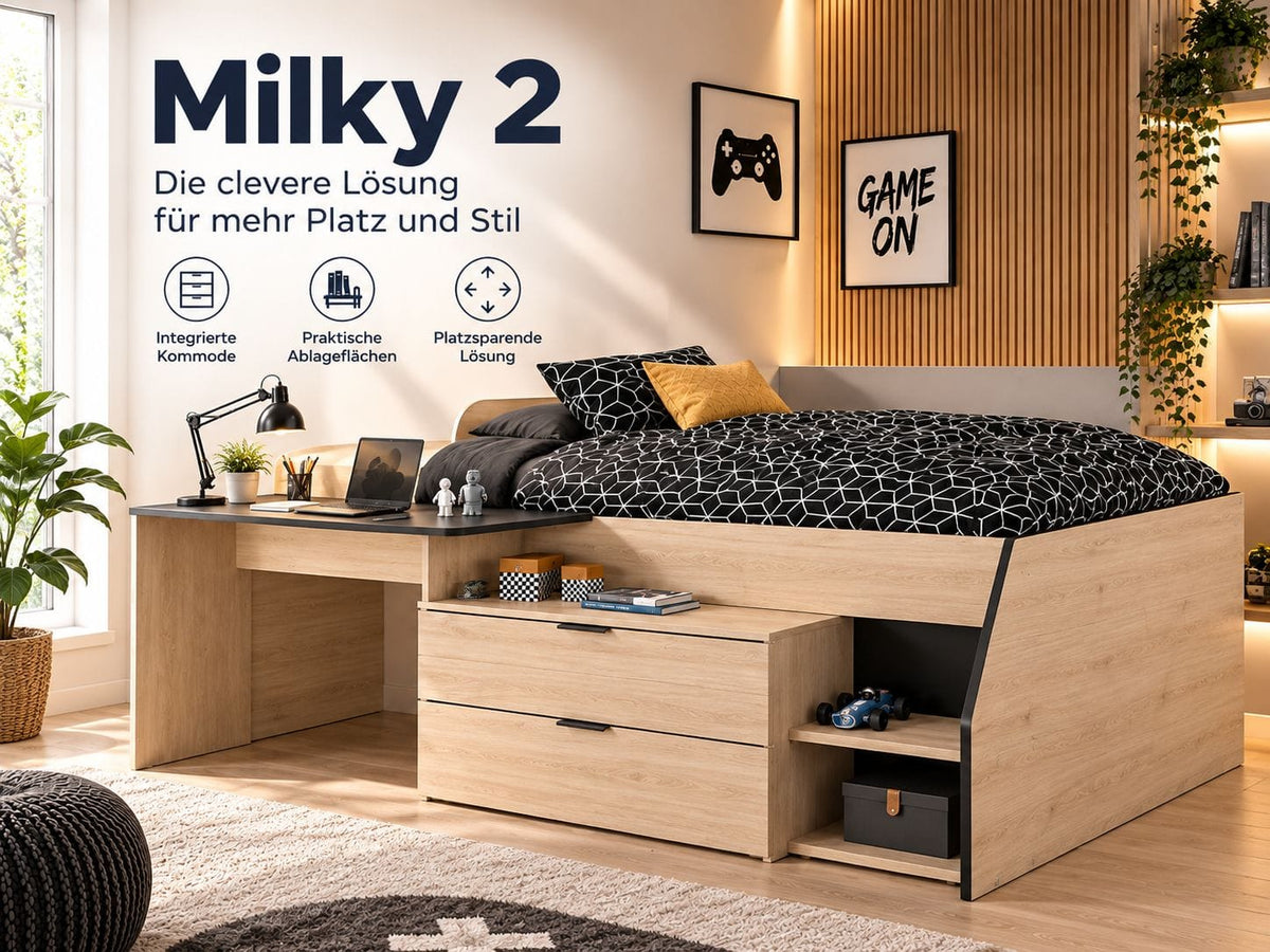 Parisot Milky 2 Hochbett 90x200 cm Schwarz/Eiche mit Kommode