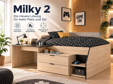 Parisot Milky 2 Hochbett 90x200 cm Schwarz/Eiche mit Kommode