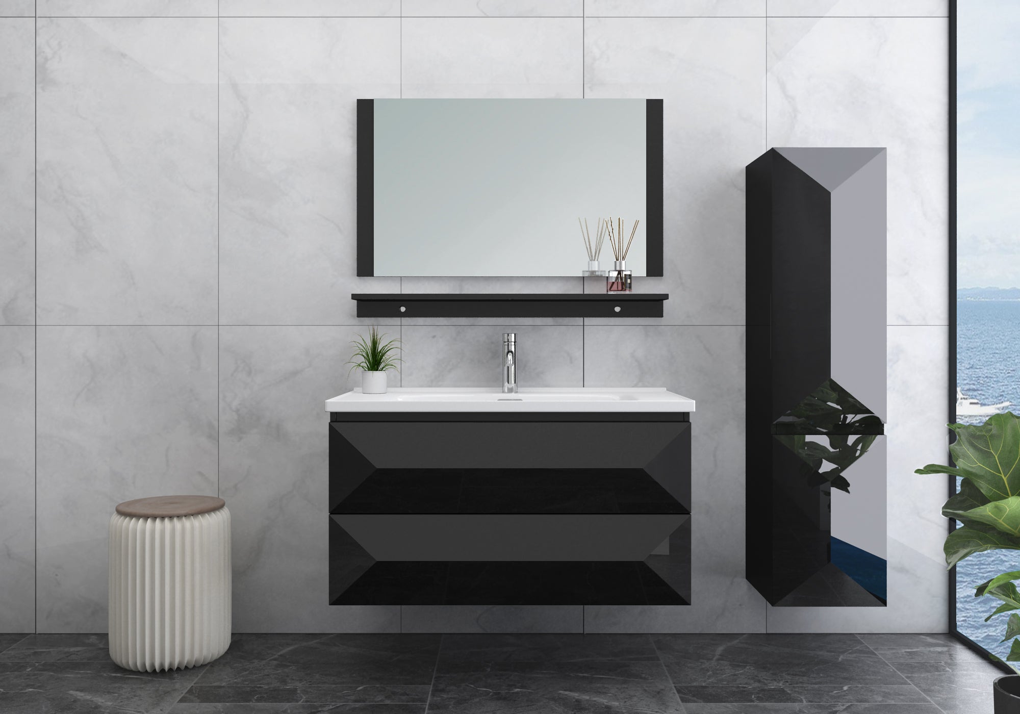 Faizee Home Badmöbel-Set 90 cm Schwarz inkl. Keramik-Waschbecken, Spiegel & wählbaren Seitenschränken