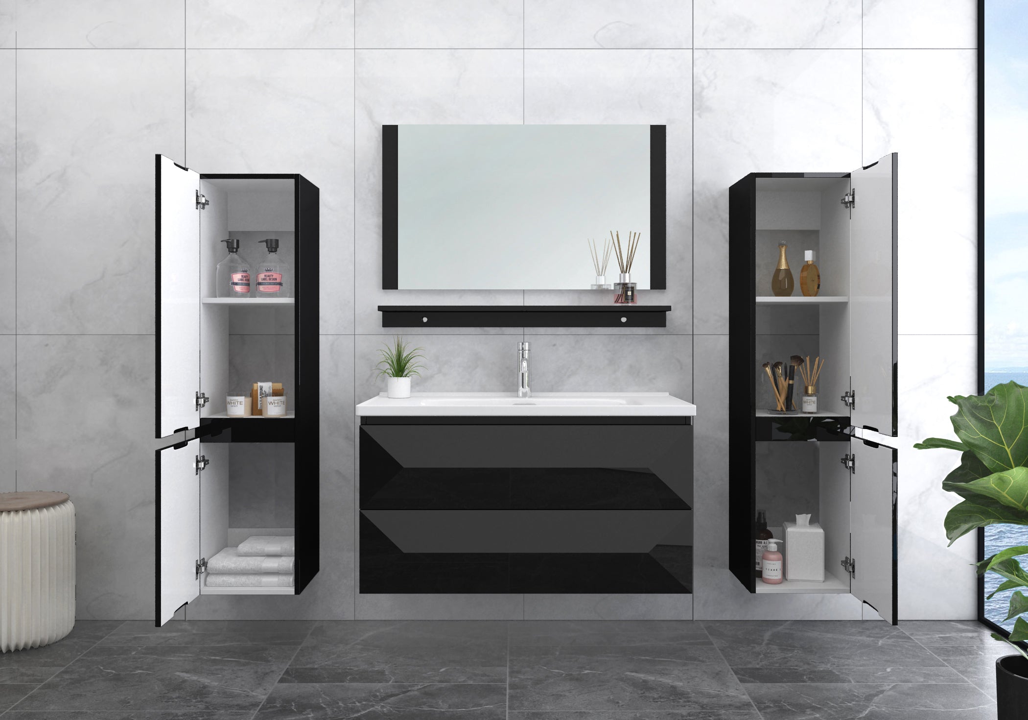 Faizee Home Badmöbel-Set 90 cm Schwarz inkl. Keramik-Waschbecken, Spiegel & wählbaren Seitenschränken