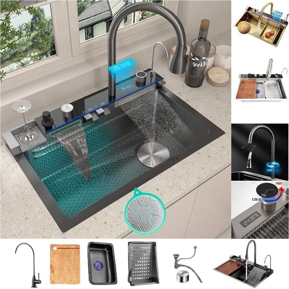 Faizee Home Wasserfall-Küchenspüle 75 × 46 cm – Nano Edelstahl mit 4-fach Armatur, Digitalanzeige & Zubehör – Silber, Schwarz oder Gold