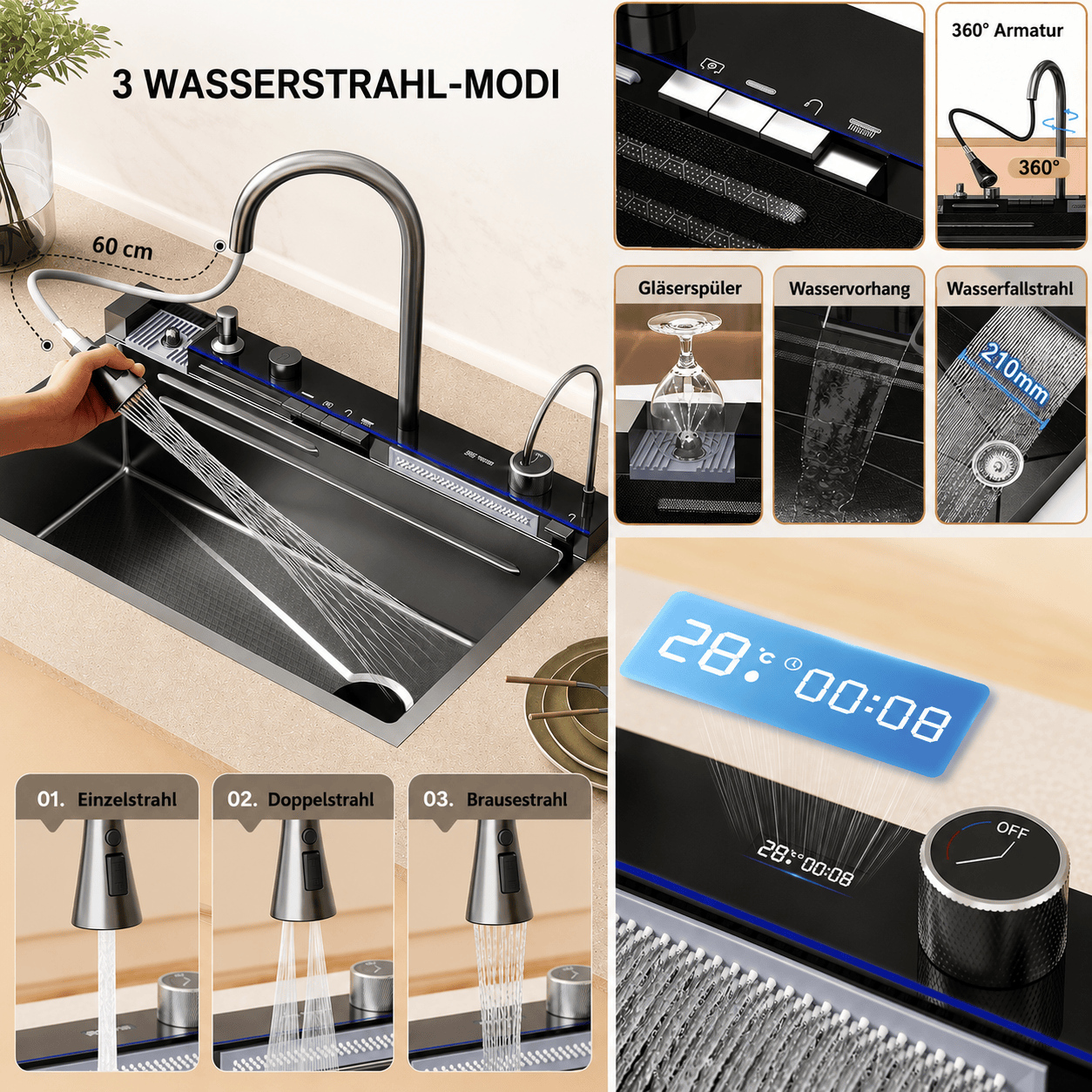 Faizee Home Wasserfall-Küchenspüle 75 × 46 cm – Nano Edelstahl mit 4-fach Armatur, Digitalanzeige & Zubehör – Silber, Schwarz oder Gold