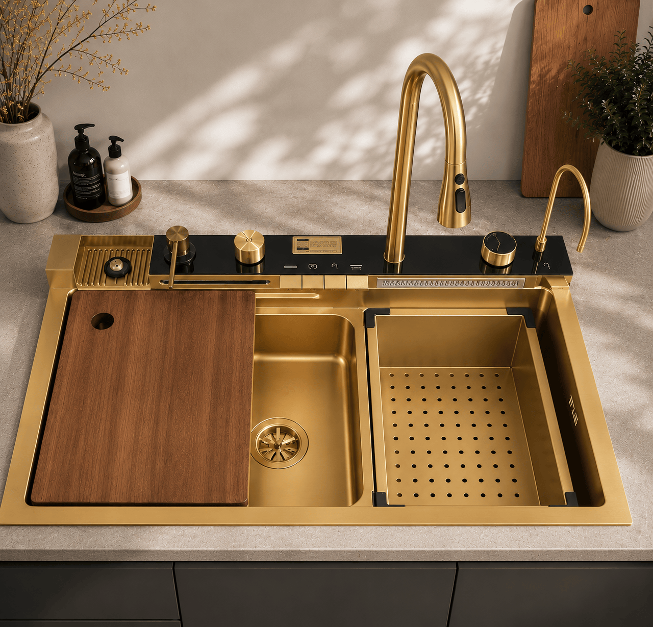 Faizee Home Wasserfall-Küchenspüle 75 × 46 cm – Nano Edelstahl mit 4-fach Armatur, Digitalanzeige & Zubehör – Silber, Schwarz oder Gold
