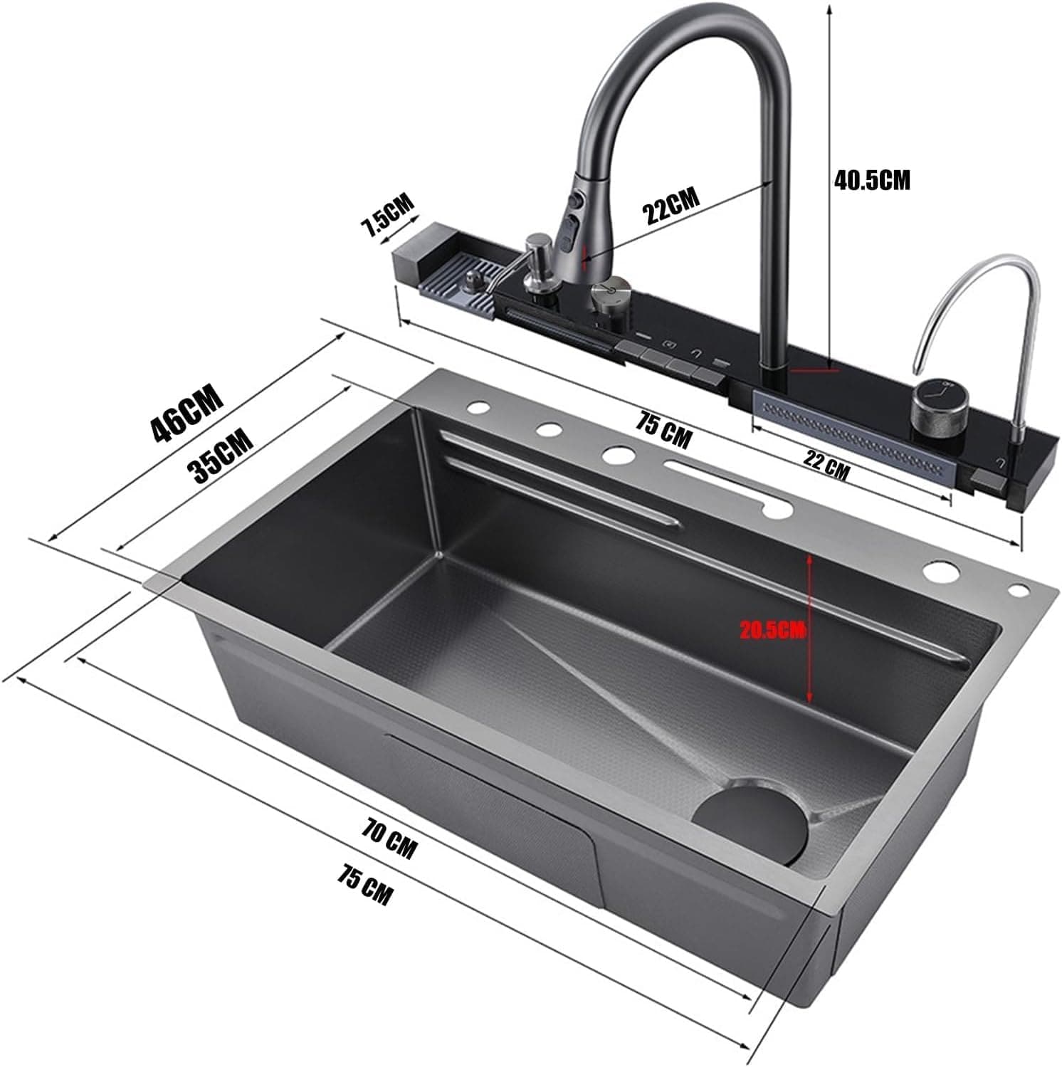 Faizee Home Wasserfall-Küchenspüle 75 × 46 cm – Nano Edelstahl mit 4-fach Armatur, Digitalanzeige & Zubehör – Silber, Schwarz oder Gold