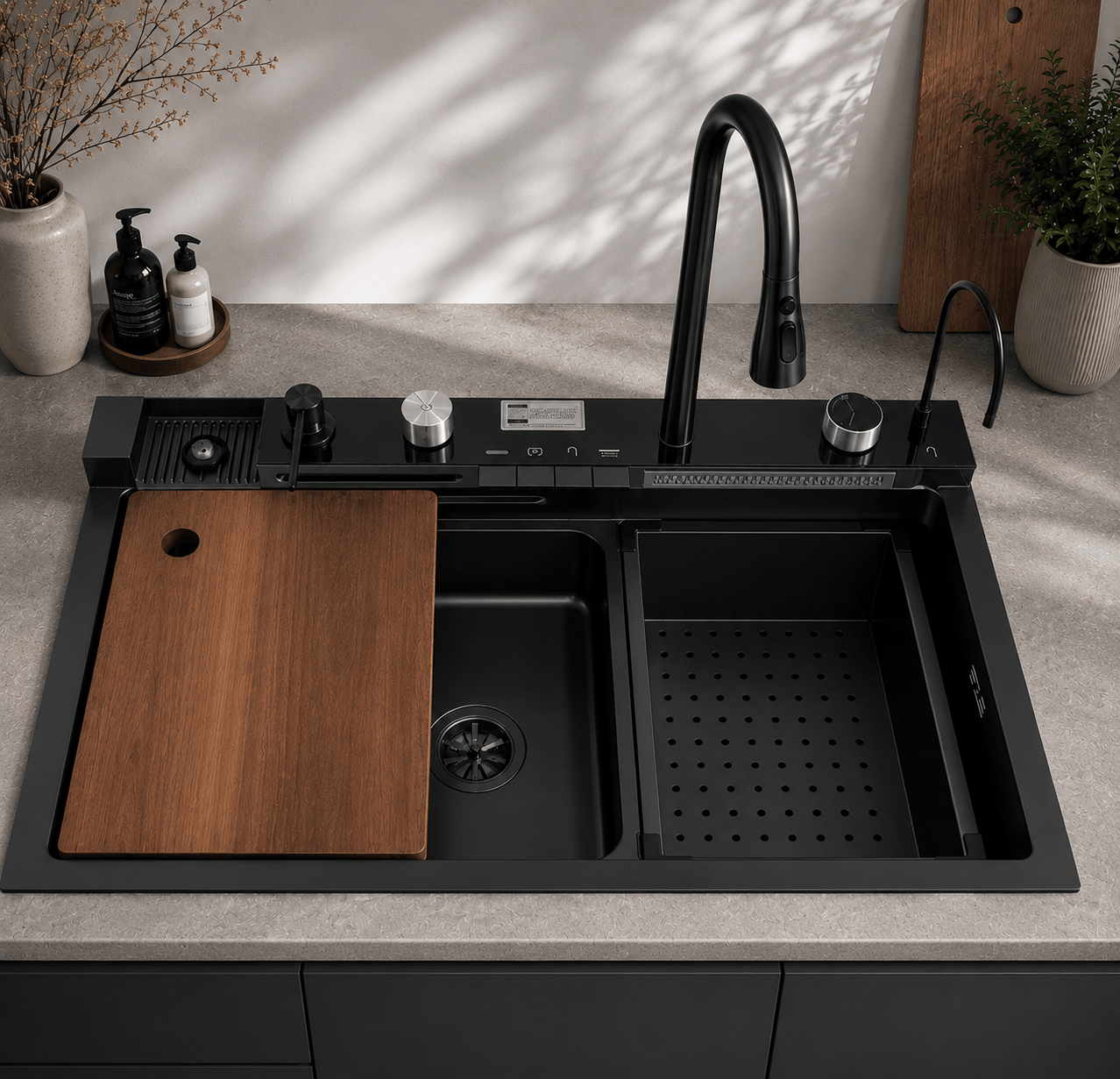 Faizee Home Wasserfall-Küchenspüle 75 × 46 cm – Nano Edelstahl mit 4-fach Armatur, Digitalanzeige & Zubehör – Silber, Schwarz oder Gold